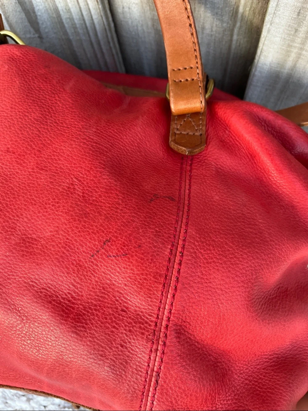 Red Leather Satchel Bag with Brown Handles
